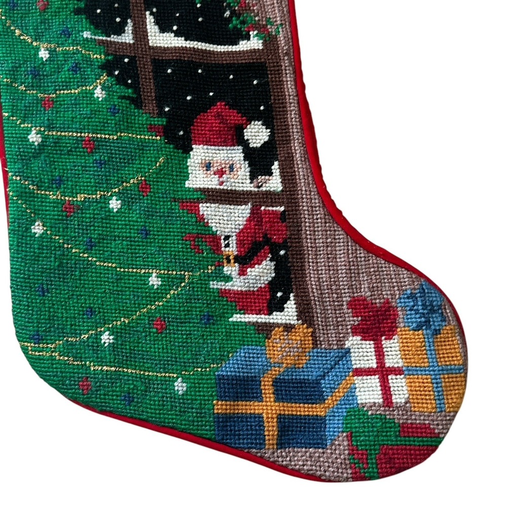 VTG Needlepoint Christmas Stocking 18 Inch Santa Tree Window Wool‎ Red Velvet - Picture 4 of 10